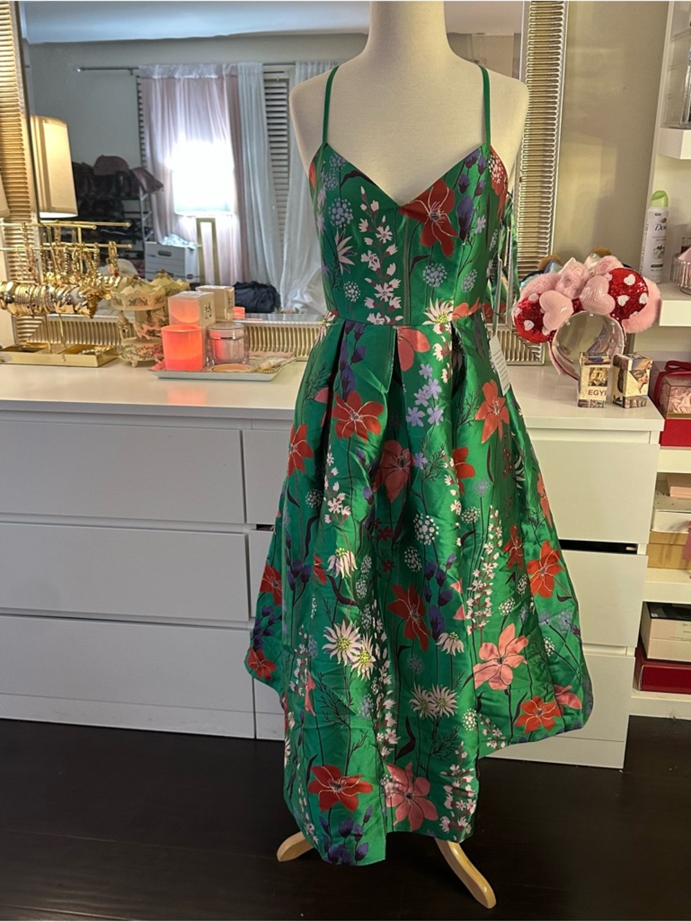 Eliza J Green Floral green Dress with Purple and Coral Accents